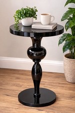 Black Pedestal Side Table Gloss Finish Round Occasional Table Modern Lamp Table