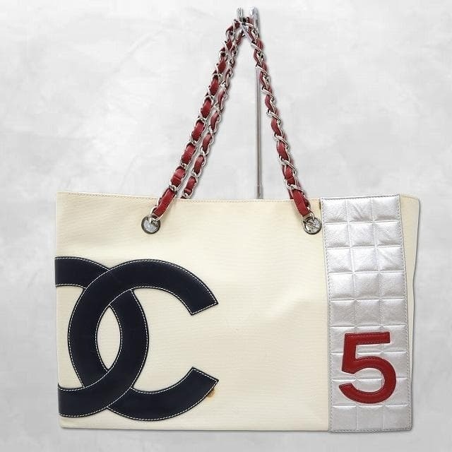 CHANEL CC Mark No.5 Canvas Chain Shopping Tote Bag White Handbag Purse vtg