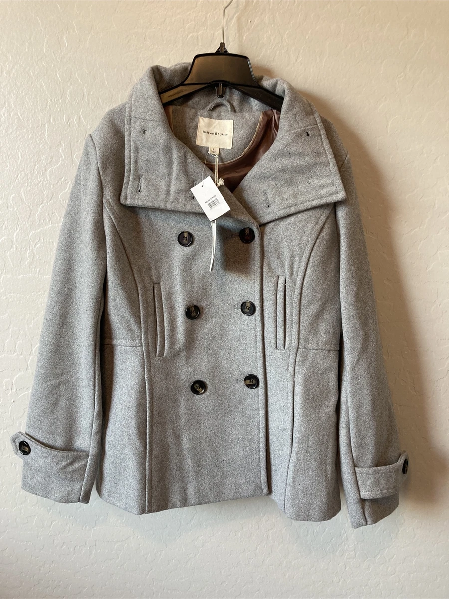 Thread & Supply Wool Blend Gray Double Breasted Peacoat Pockets