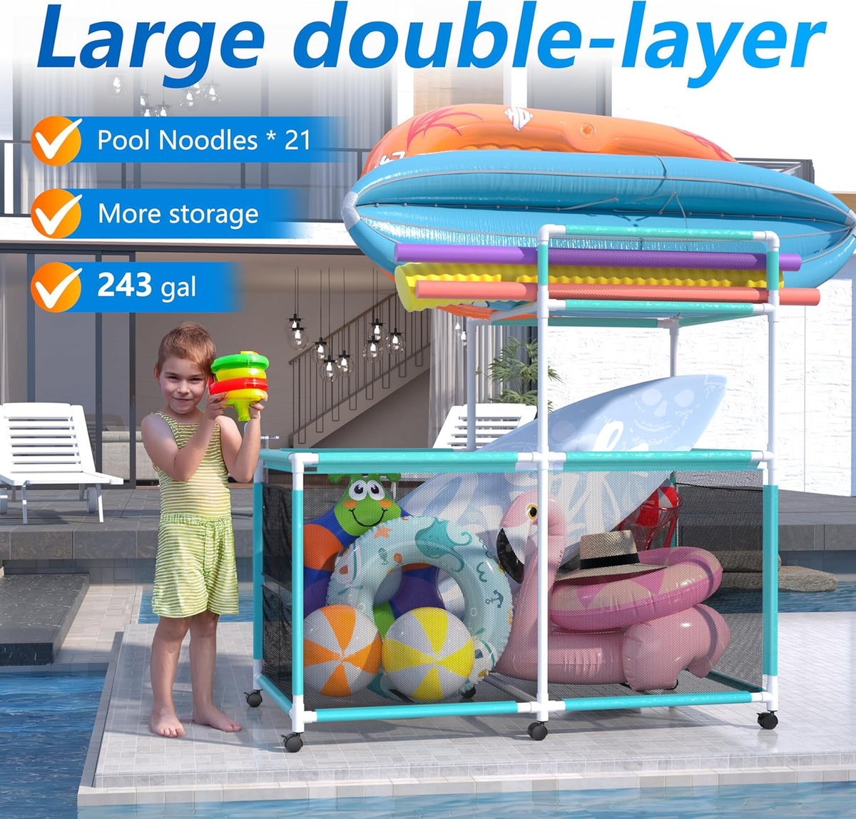 Mesh Pool Raft Storage Large Float Storage 300 Gallon Double Decker Pool Storage Bin - Rolling ...