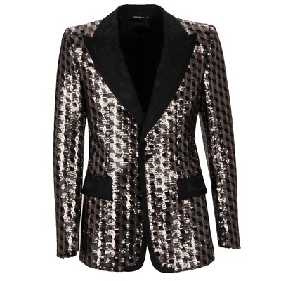 DOLCE & GABBANA Pailletten Jacquard Tuxedo Blazer Sakko Silber Schwarz Pink