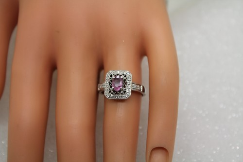 ANILLO HALO DIAMANTES ZAFIRO ROSA CORTE OVALADO ORO BLANCO 14K ASPECTO VINTAGE talla 7 - Imagen 12 de 18