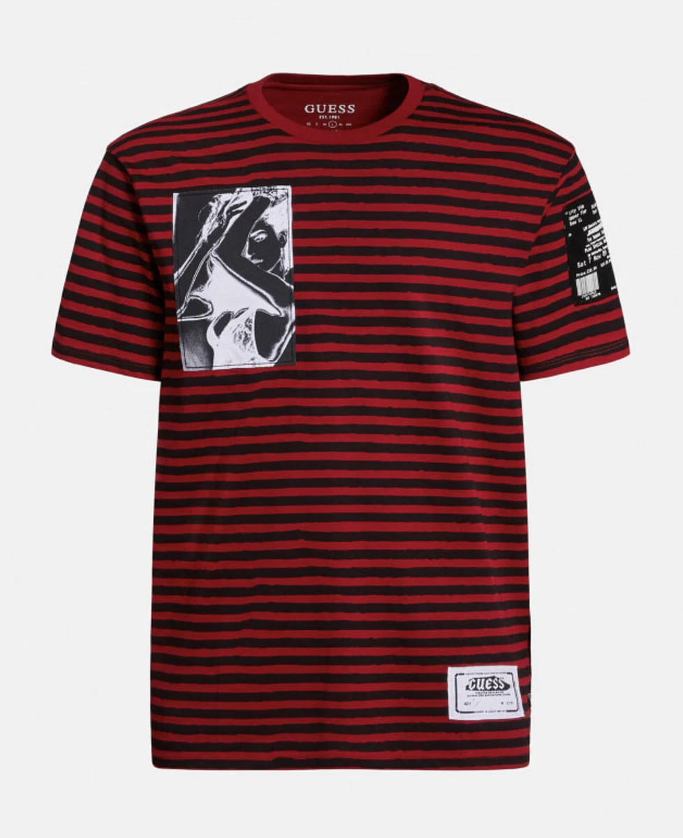 grænse Wrap rille Guess Men's Stripe Motif T-Shirt With Patches Red-Black Size XS | eBay