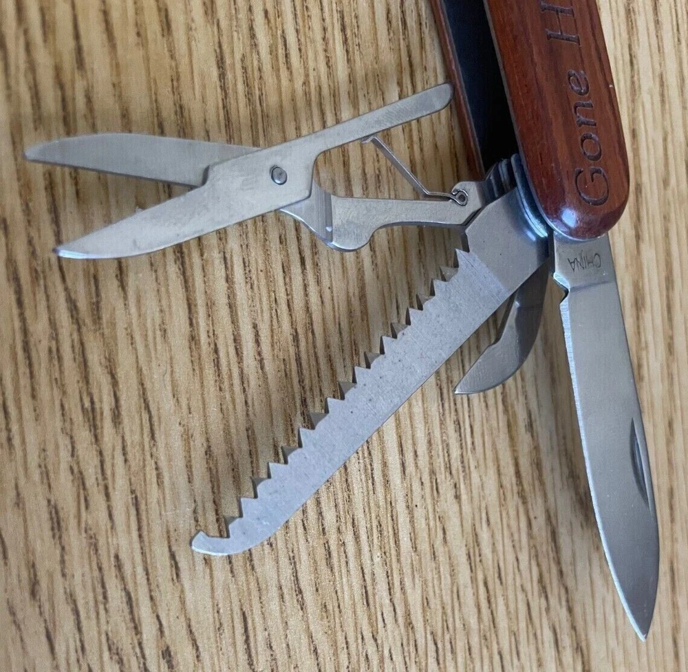 Multi-tool Pocketknife Gone Huntin and Taos Engraved on Wood Handle 9 Blades