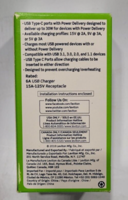 Leviton T5635-W USB Dual Type-C Delivery In-Wall Charger 30W 15A
