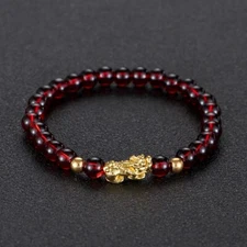 Natural Garnet Stone Beaded Pixiu Stretch Bracelet Burgundy Gemstone Bracelet