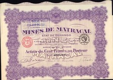 Mines de Matracal Etat de Durango Mexico 100 Francs 1926 + dividend coupons 3-20
