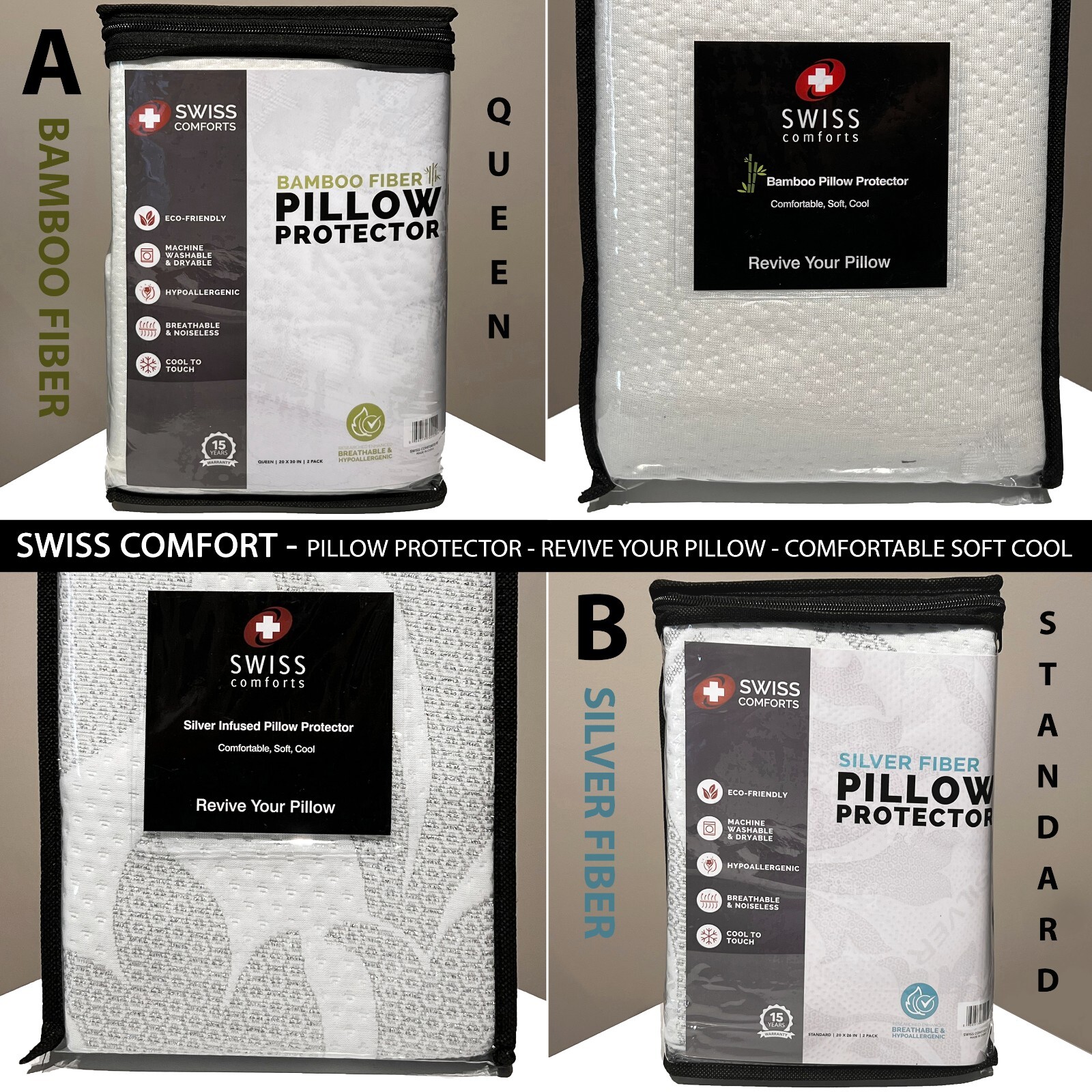 2PK New SWISS COMFORTS Pillow Protector Silver/Bamboo Fiber Standard OR