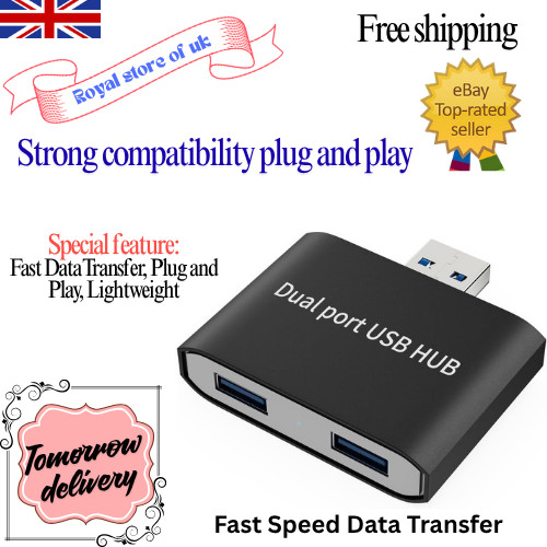 Dual USB 3.0 Hub Splitter, 2 Ports for Laptop, Fast Speed Data Transfer Adapter
