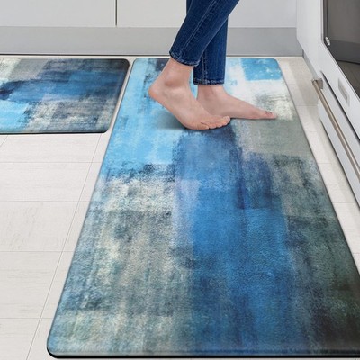 anti Fatigue Kitchen Mat - Set of 2 - Teal and Marble Design Comfort Mats - Cush