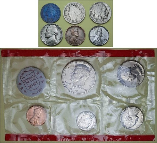 6 Old Coins (Ind 1c, Lib V, Buff, Silver Jeff, & 2-Linc Wheats) & 1 US ...
