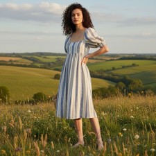 Alice + Olivia Size 4 Bauery Baby Doll Puff Sleeve Linen Blend MIDI Dress