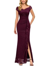 NWT MISSMA Vintage V-Neck Floral Lace Ruffle Formal Evening Maxi Dress Large