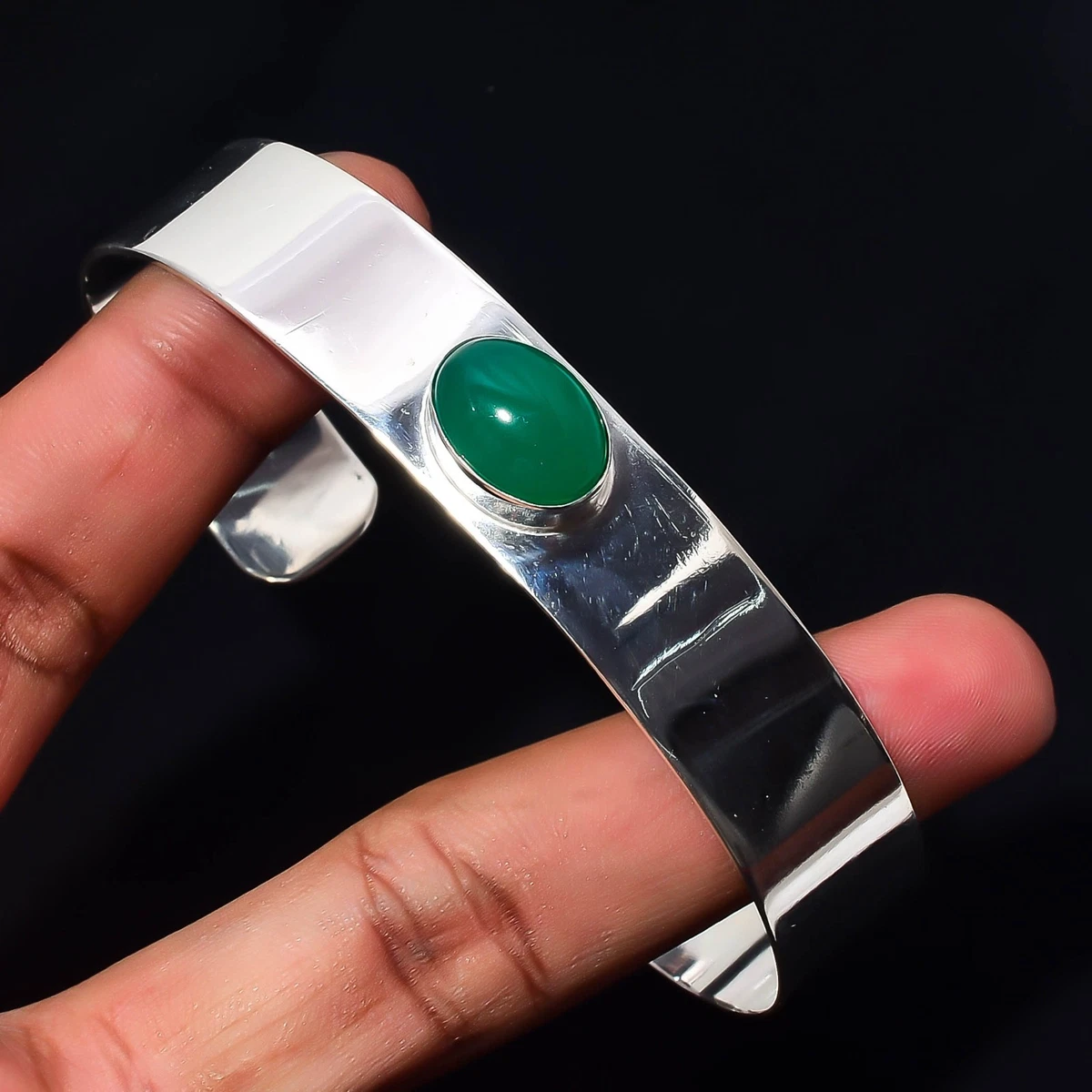 Green Onyx Gemstone 925 Sterling Silver Handmade Bangle Jewelry Gift For Wife