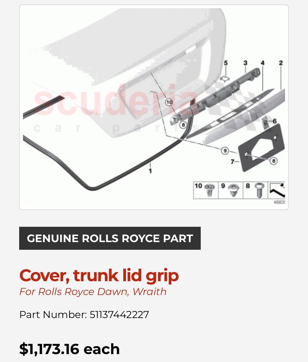 Cover, trunk lid grip For Rolls Royce Dawn, Wraith Part Number: 51247301517