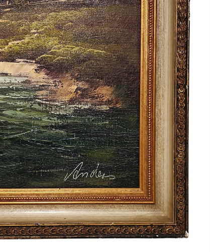 Oil on Canvas Impressionist Style Painting w/ Mountains, Church, River - Signed - Picture 3 of 19