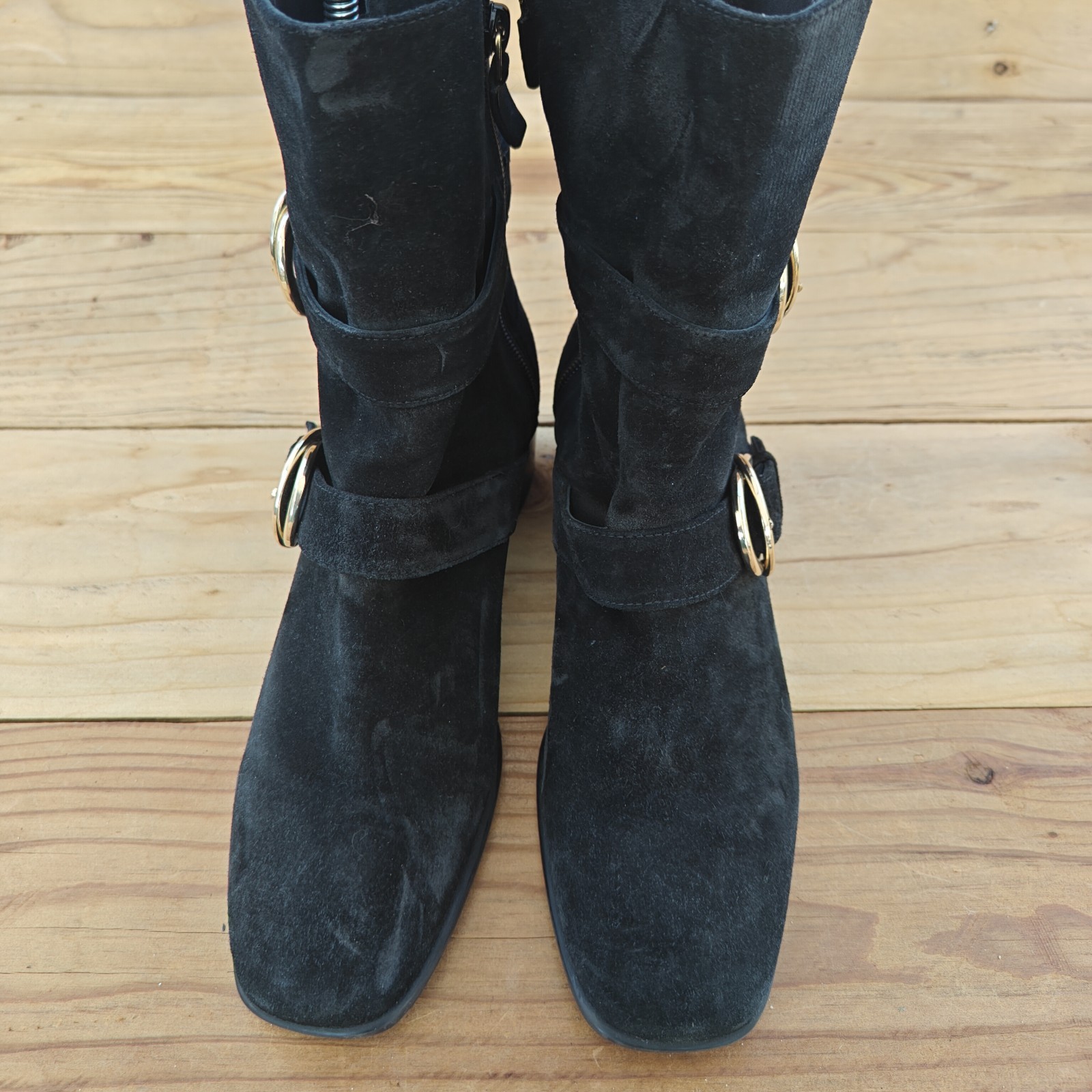 Stuart Weitzman Women's Black Suede Side Zip Block Heel Buckled Ankle Boots Sz 7