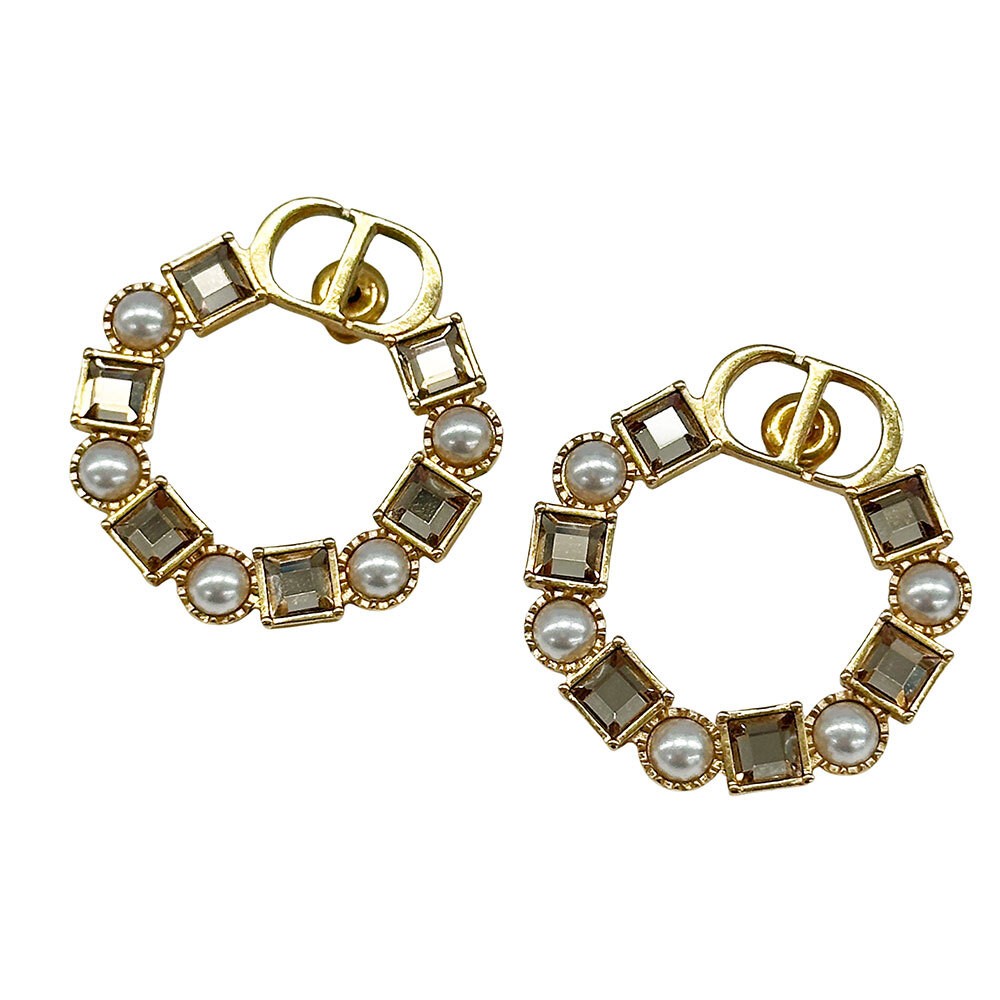 Dior Inspired Gold Circle Earrings with Fake Pearl Stone for Women