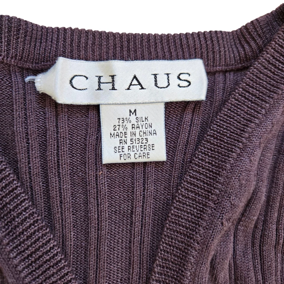 Cárdigan suéter vintage de seda acanalado Chaus mediano púrpura manga larga abotonada Foto 3 de 4