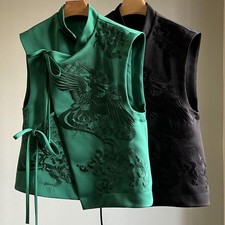 Women Ethnic Vest Tank Top Waistcoat Coat Embroidery Crane Mandarin Collar