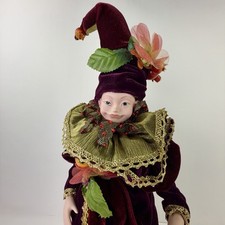 Vintage Porcelain Bisque Jester Doll Harlequin Court Fool Burgundy Velvet Decor