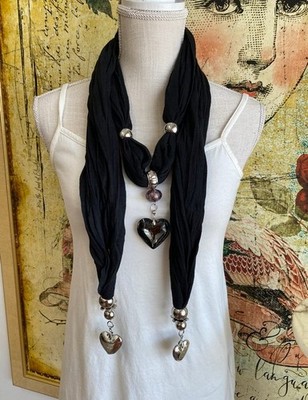 Black Jersey Knit Scarf with Smokey Quartz & Silver Heart Charms New Necklace