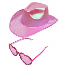 2pcs Set of Sequin Glitter Cowboy Hat Heart Shape Rimless Glasses Sparkly Party
