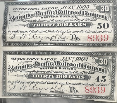 #ad 2x Bond Coupons Atlantic Pacific Railroad Attached Together Early 1900s $8.00