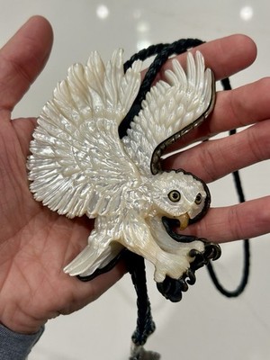 JOHN WINSTON  White Lightning  Sterling Mother Of Pearl Owl Bolo Tie