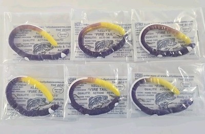 Kelly's  Bass Worms Fire Tail  Purple/Yellowtail 6PK Pre-Rigged Scented Anise