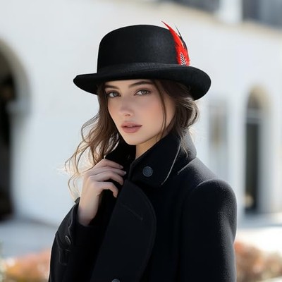 Mens Bowler Hat 100% Wool Womens Derby Hats with Feather  display picture 2