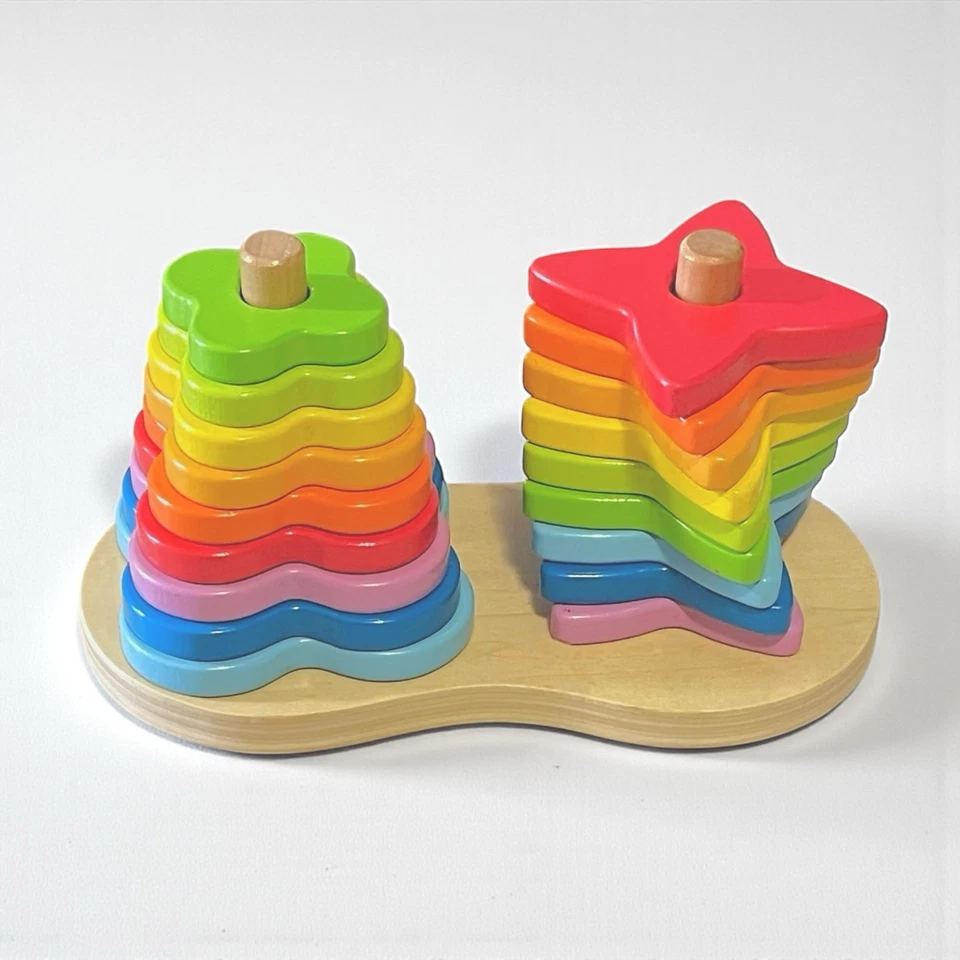 Juguete apilable de madera para bebé Hape apilador doble arco iris tamaño forma aprendizaje sensorial Foto 2 de 4
