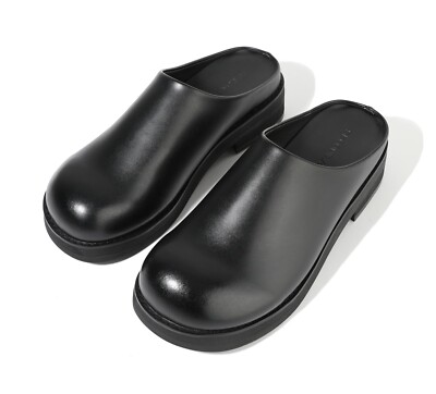 Firenze Atelier Men's Black Leather Wide Round Toe Mules Slippers Slides Shoes 