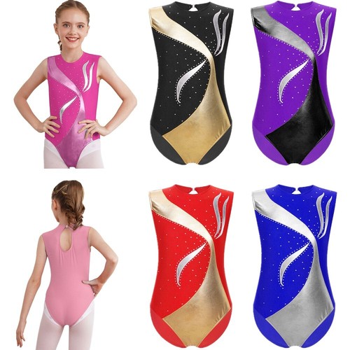 Kids Girls Bodysuit One-Piece Romper Stage Leotard Show Jumpsuit Rhinestones - Picture 2 of 84