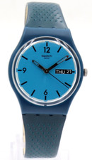 Nuovo orologio svizzero Swatch blu bottiglia cinturino silicone blu data giorno 34 mm GN719 $75