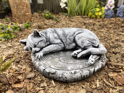 Steinfigur Katze schlafend Gross Frostfest Gartenfigur Deko Steinguss