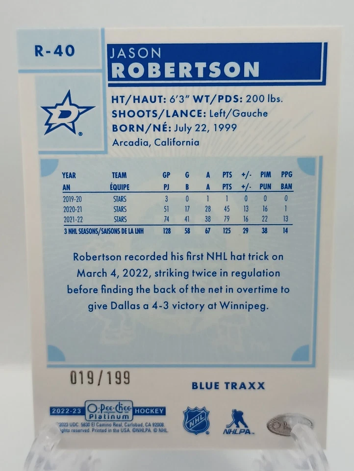 2022-23 O-Pee-Chee Platinum Retro Blue Traxx /199 Jason Robertson #R-40 Stars - Image 2 of 2