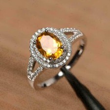 2.20Ct Oval Cut Citrine Double Halo Engagement Ring 14K White Gold Finish