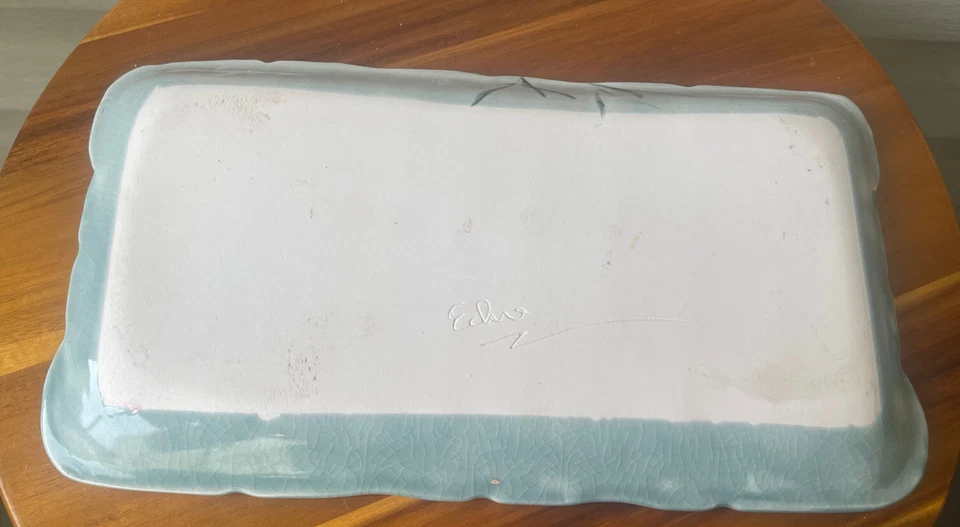 Vintage Birds Bamboo Light Blue Scalloped Handmade Art Pottery Tray 13”-Signed - Image 4 of 4