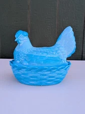 Vintage Blue Slag Glass? Hen On Nest Covered Lidded Candy Dish - Larger (2)