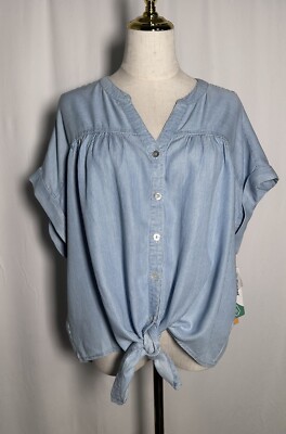Ruby Rd Top Shirt Blouse Women PXL Button Short Sleeve Tie Blue New $69