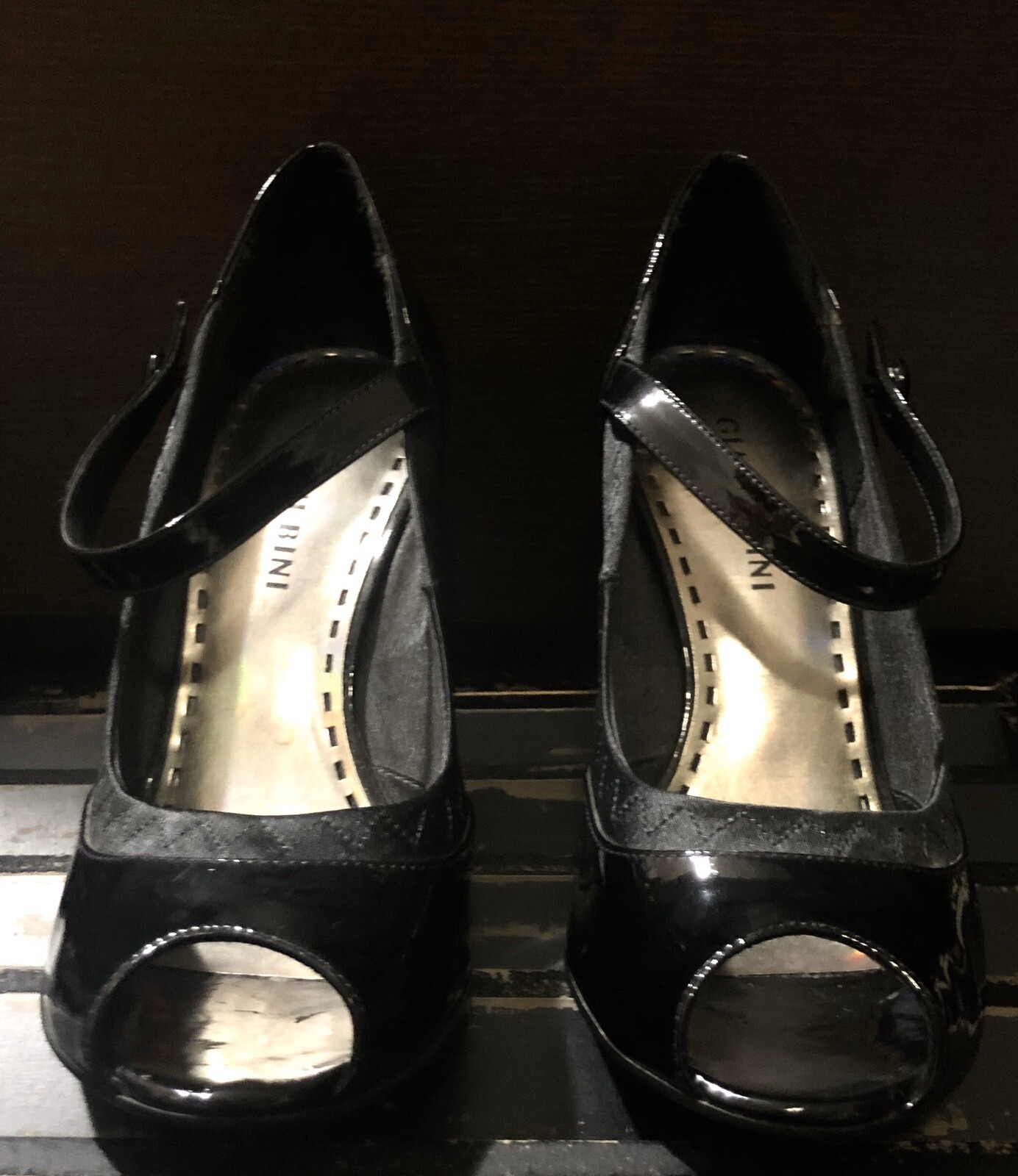 GIANNI BINI Black Patent Leather Open Toe Mary Jane Stiletto Pumps Size