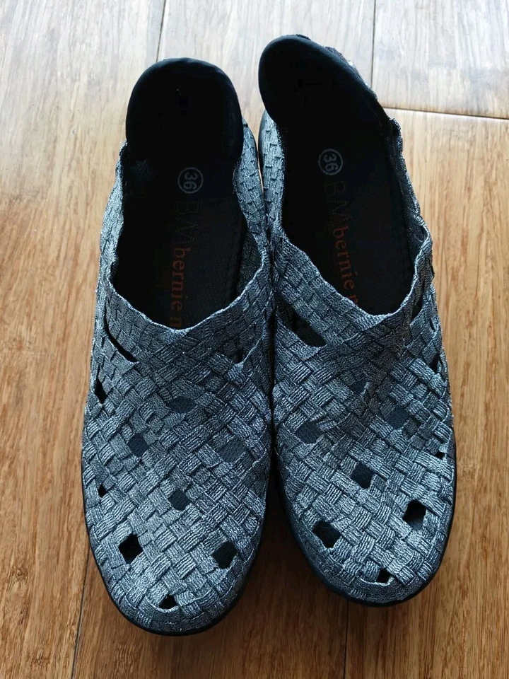 Bernie Mev Gris/Negro Elástico Sin Cordones Tacón de Cuña Talla UK 36 Zapato Tejido Patrón Foto 2 de 4