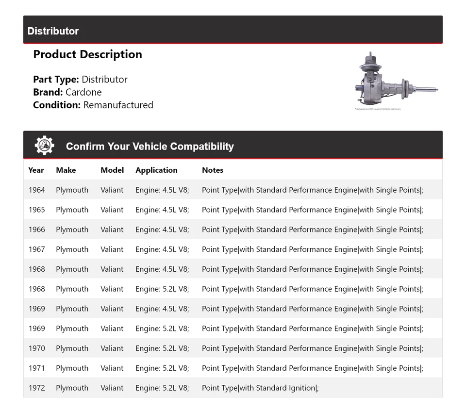 Для 1964-1972 Plymouth Valiant дистрибьютор Cardone 1965 1966 1967 1968 1969 1970 - Изображение 2 из 4
