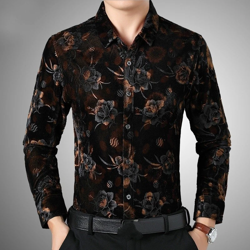 Retro Men Floral Velvet Shirt Slim Casual Long Sleeve Blouse Top Wedding Party - Image 4 of 4