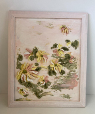 Framed gypsum plaster Sculptural painting Floral still life  10,8x13,2 Inches