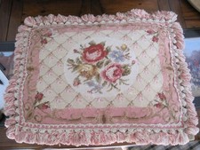 CORAL AUBUSSON STYLE NEEDLEPOINT PILLOW ROSES BUDS DIAMOND PRINT DOWN 22X16