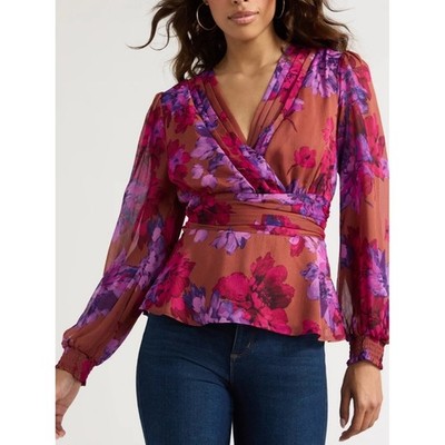 Sofia Jeans by Sofia Vergara Women's Ruched Waist Top Floral Print Faux Wrap XS