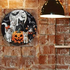 1pc Halloween Full Moon Cat Gathering Retro Round Metal Sign - Vintage Aluminum
