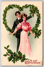 Christmas~Romantic Victorian Couple Make Holly Heart Garland~Emboss~c1910